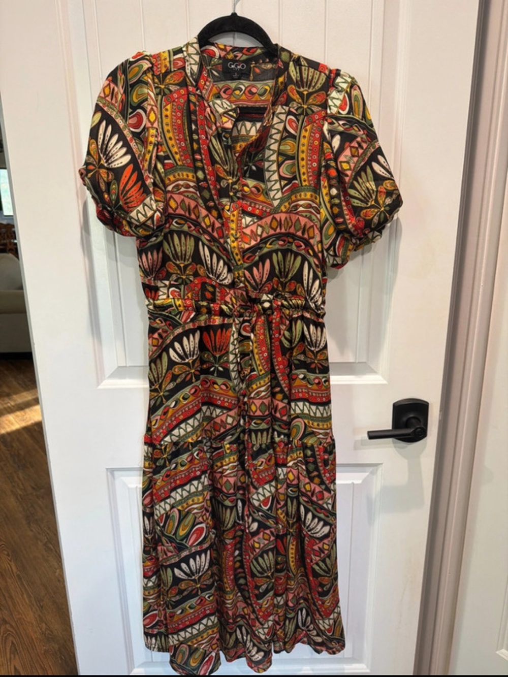 GGO Multicolor Bohemian Print Tie-Waist Midi Dress